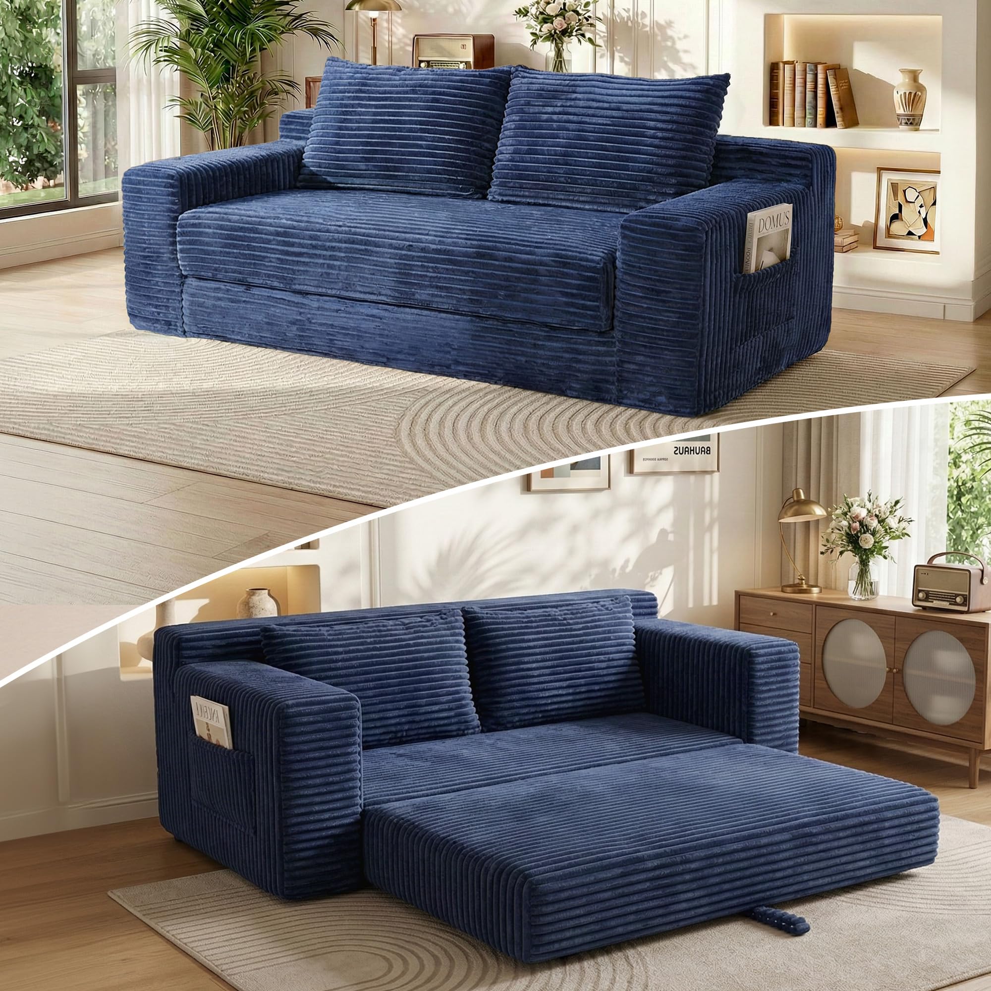 73" Convertible Sofa Bed, Corduroy Boneless Loveseat Sleeper, Fold Out Floor Couch Bed with 2 Pillows, Memory Foam Cloud Futon Couch for Living Room Guest Room Small Space, No Assembly (Blue, 73")