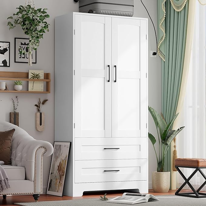 Wooden Armoire Wardrobe Closet with 2 Drawers, Hanging Rod & Shelves