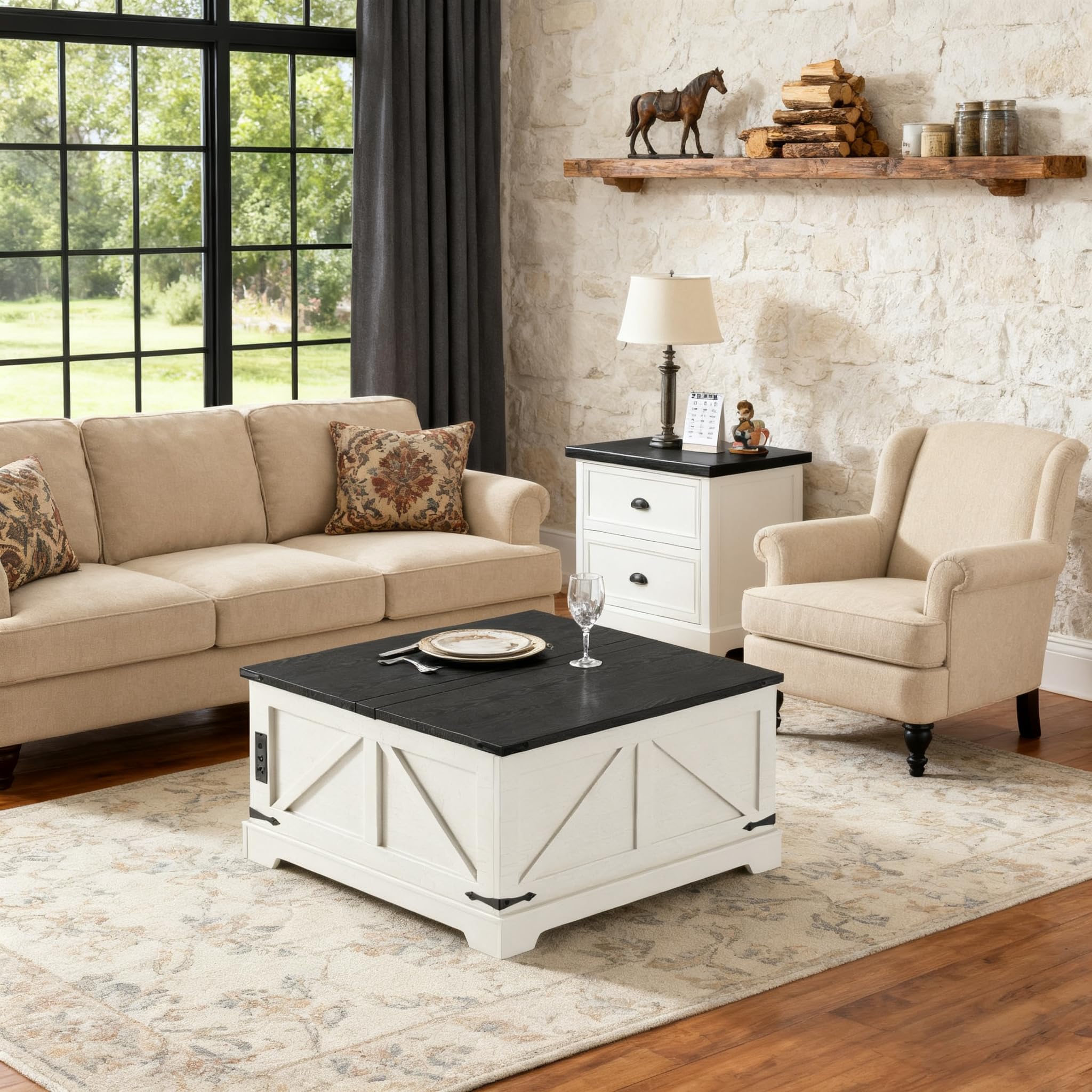 Vabches 35.4" Lift Top Coffee Table with Storage, Farmhouse Square Coffee Tables for Living Room, Center Table with Charging Station and Hidden Space, White