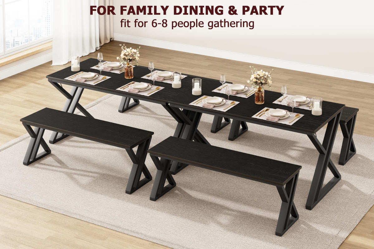 Homhougo Kitchen Room Table Set with Benches,44.8" Dining Table Set for 4,Sturdy Metal Kitchen Table Set with X Metal Frame Space Saving, Ideal for Kitchen, Apartment, Studio, Black