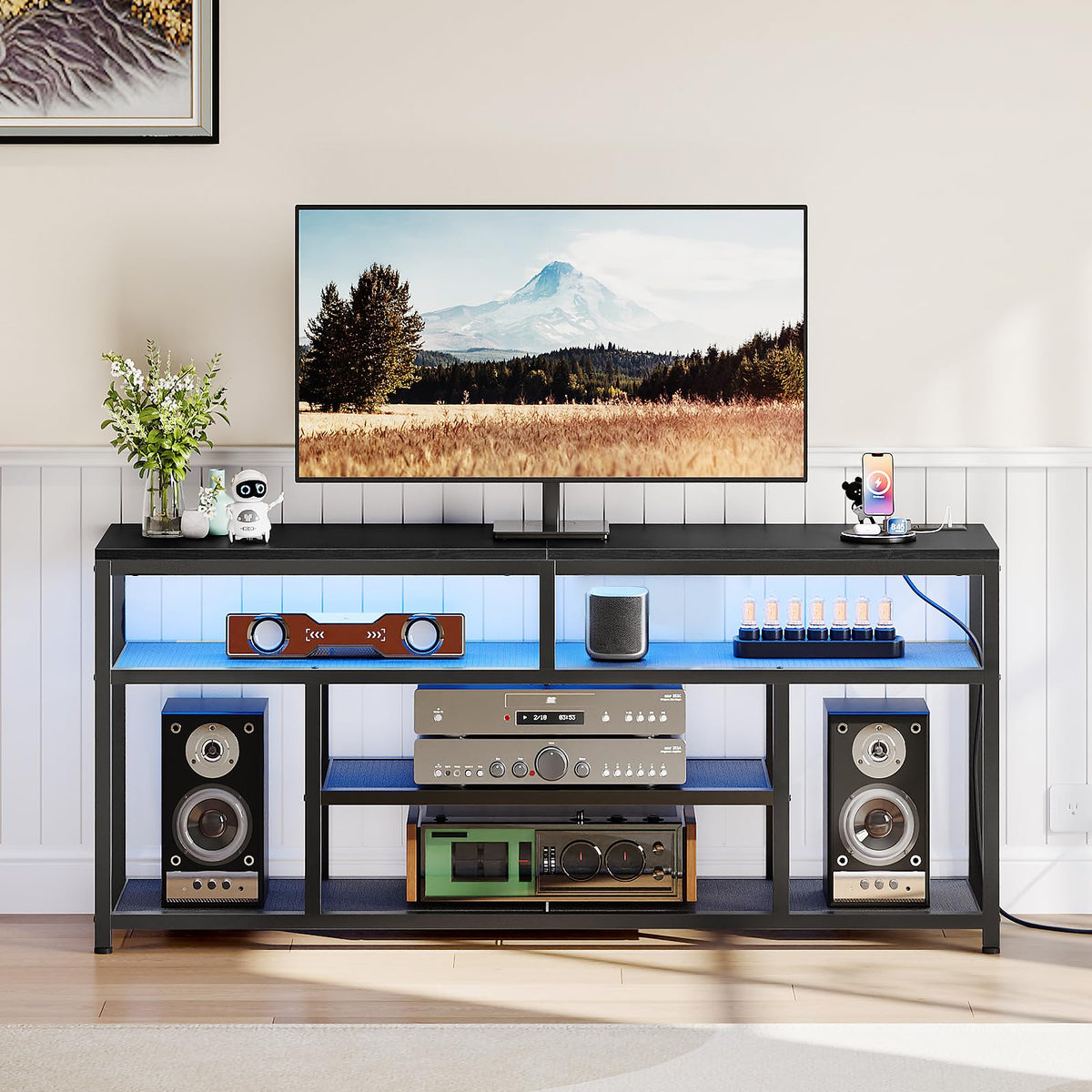 Black LED TV Stand with Charging Station