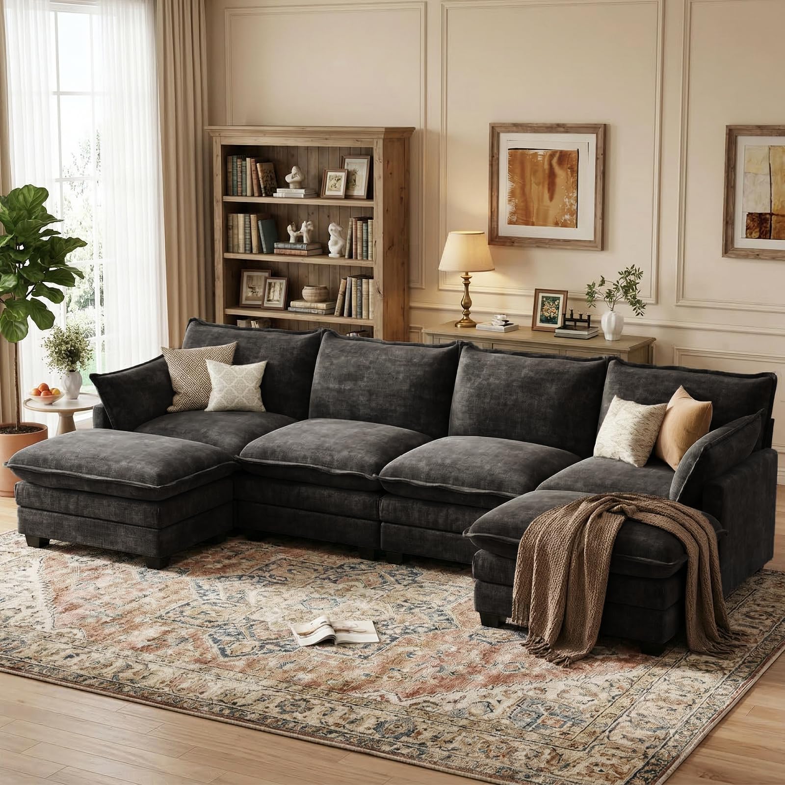OhaiAura U Shaped Modular Sectional Sofa, Cloud Couch with Movable Ottoman, Comfy Chenille Sofa with Pillows for Living Room, Bedroom, Apartment, Black