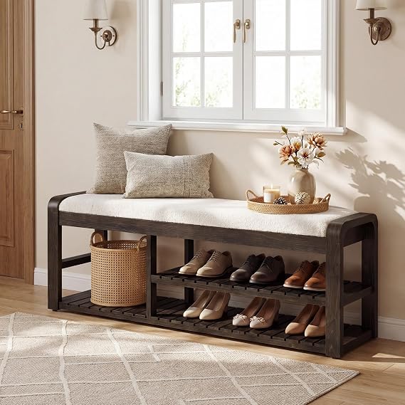 Solid Wood Shoe Storage Bench with Cushion