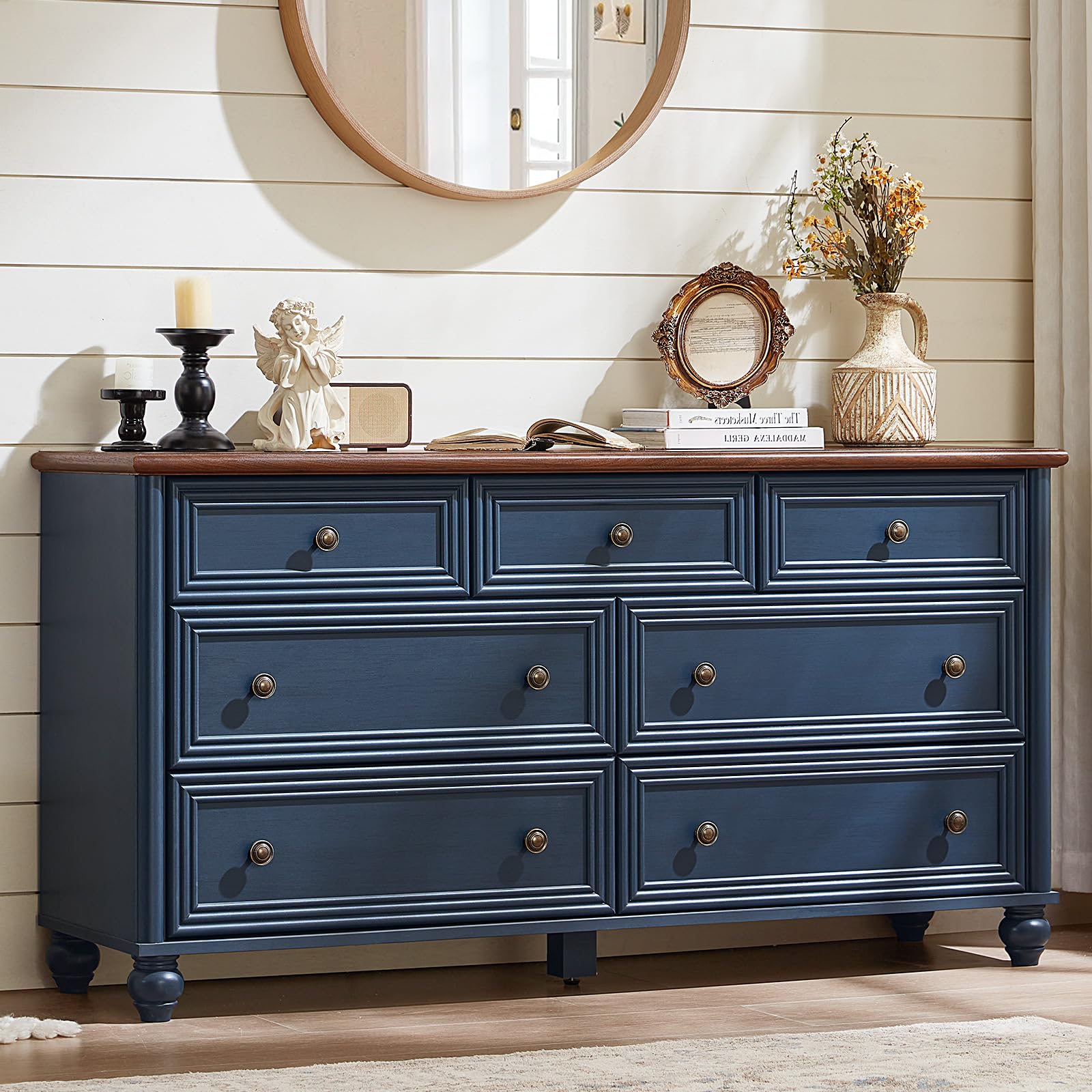 RWYHG Farmhouse Dressers and Nightstand Set of 2, Wood 54" Wide 7 Drawer Dresser 14'' Narrow Side Table with Charging Station, Roman Column Bedroom Furniture Dressers Sets for Home Living Room Hallway