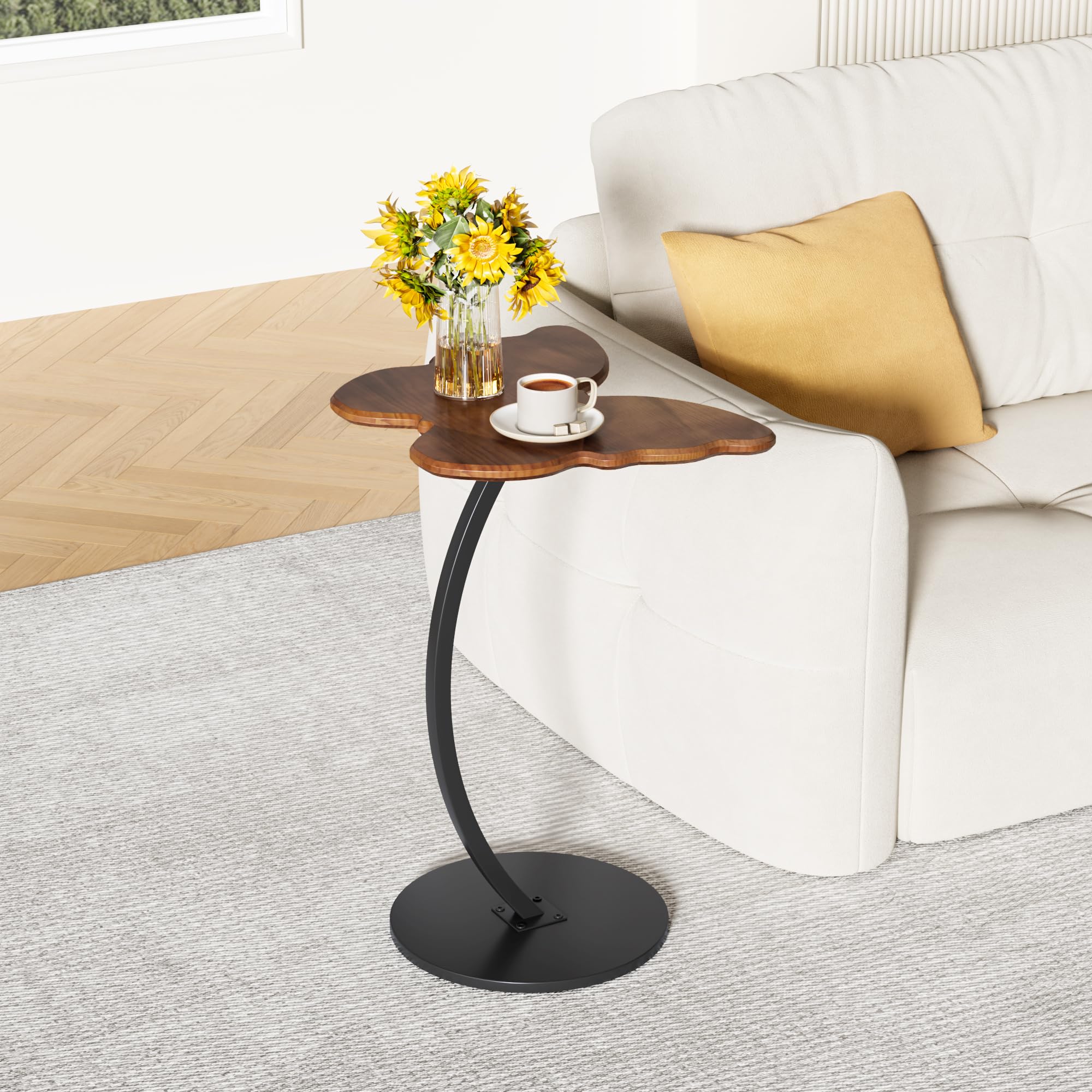 WFSRESTD Butterfly End Table, Solid Pine Wood Side Table with Black Metal C-Shaped Base, Rustic Accent Table for Living Room Bedroom, Walnut Finish, Easy Assembly