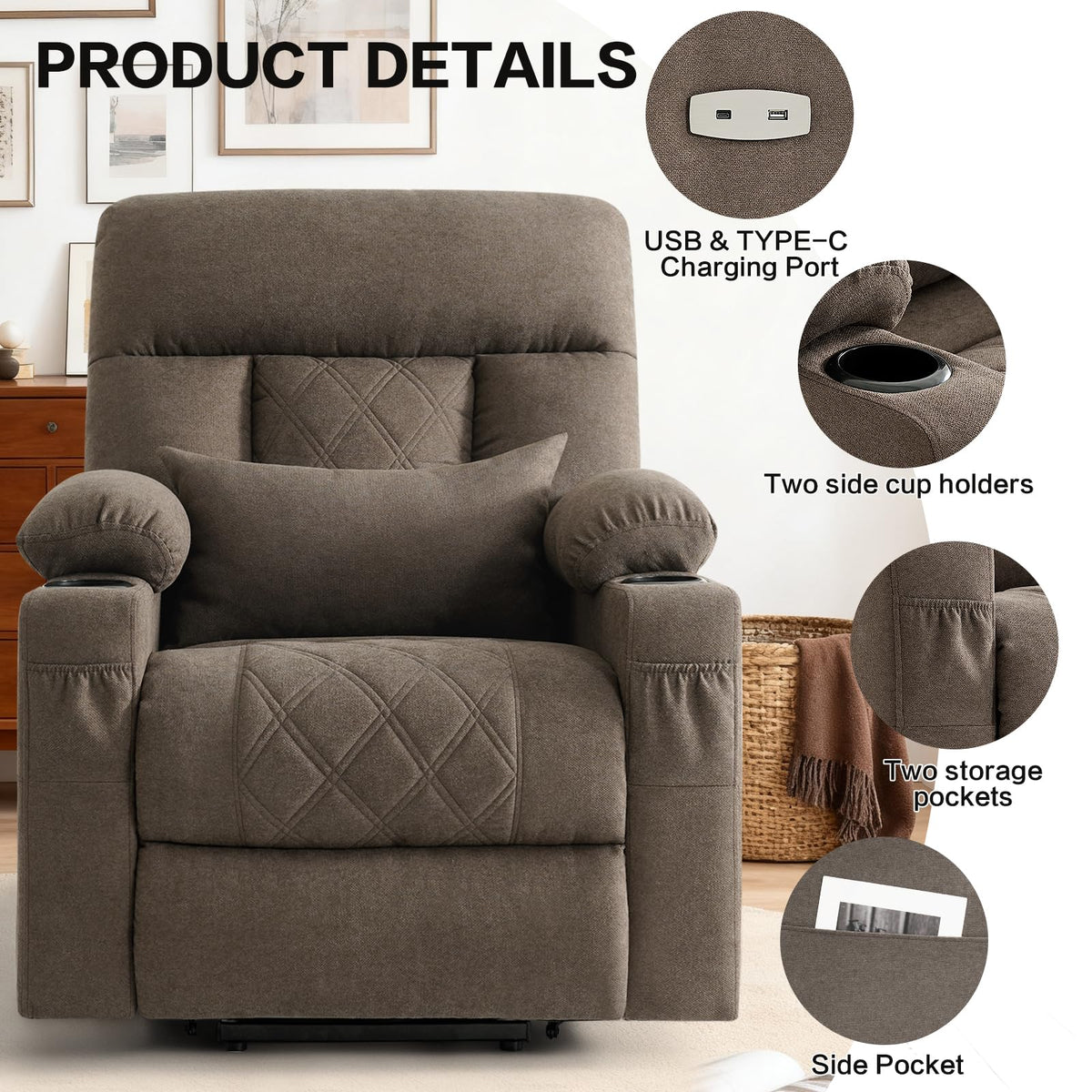 Tri-Motor Power Lift Recliner Chair for Elderly, Lay Flat Lift Chair,Brown