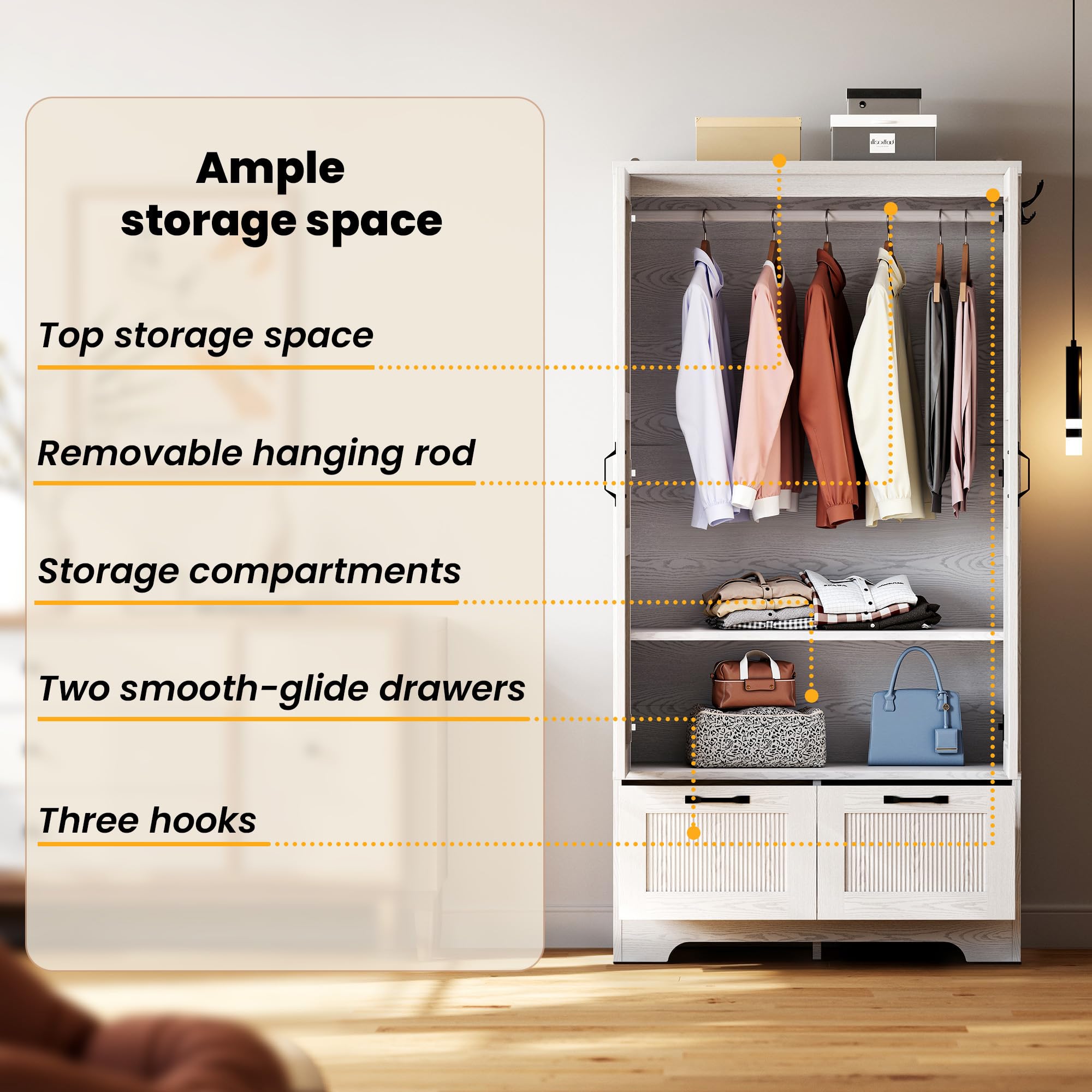 ANCTOR Armoire Wardrobe Closet, 71" H Wooden Clothing Storage Cabinet with 2 Doors and 2 Drawers, Bedroom Freestanding Wardrobe Combination with Hanging Rod and Shelves, White