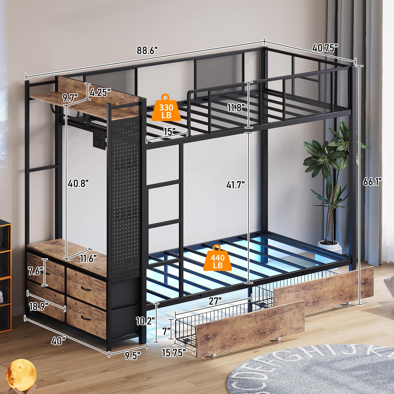 Twin Over Twin Bunk Bed with Hall Tree, LED Lights & Storage