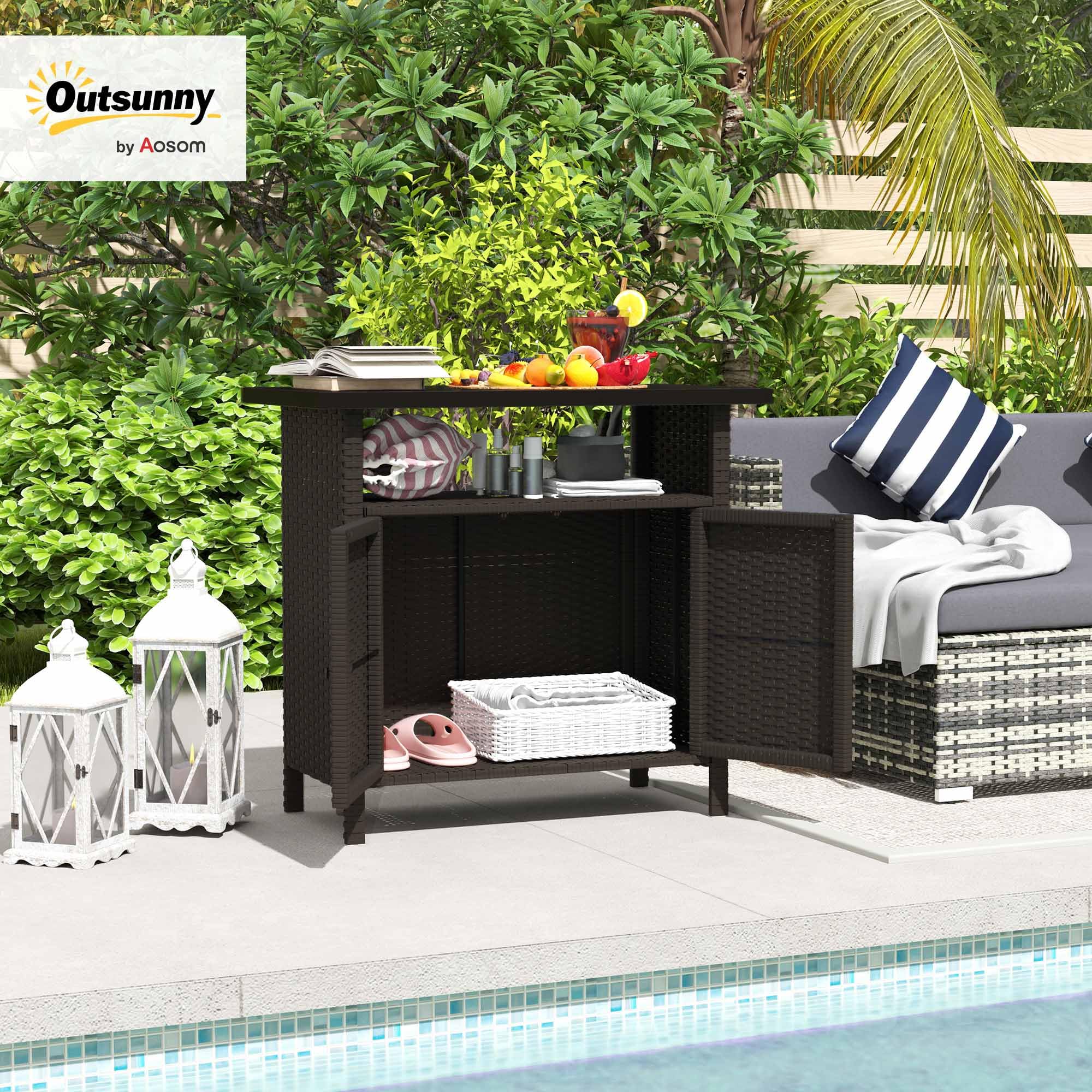 Outsunny Wicker Outdoor Storage Cabinet, Rattan Bar Table with 2 Doors and Shelf, Buffet Sideboard with Metal Slatted Countertop for Poolside, Patio, Backyard, Dark Coffee