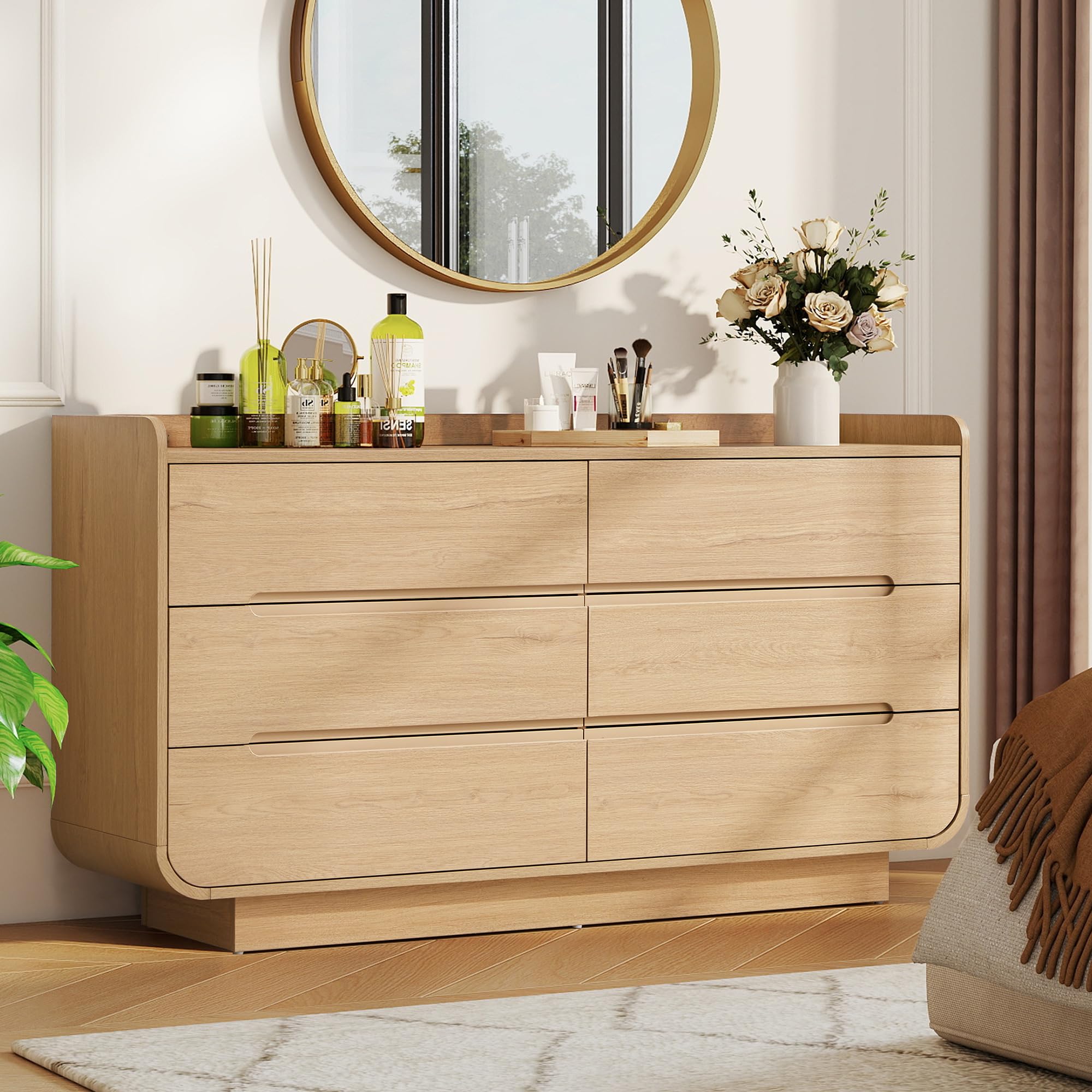 6-Drawer Curved Dresser with Hidden Handles