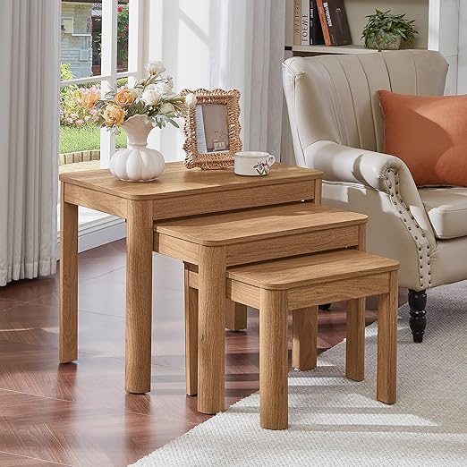 Farmhouse Nesting Coffee Tables Set of 3 – Solid Wood, Rounded Corners