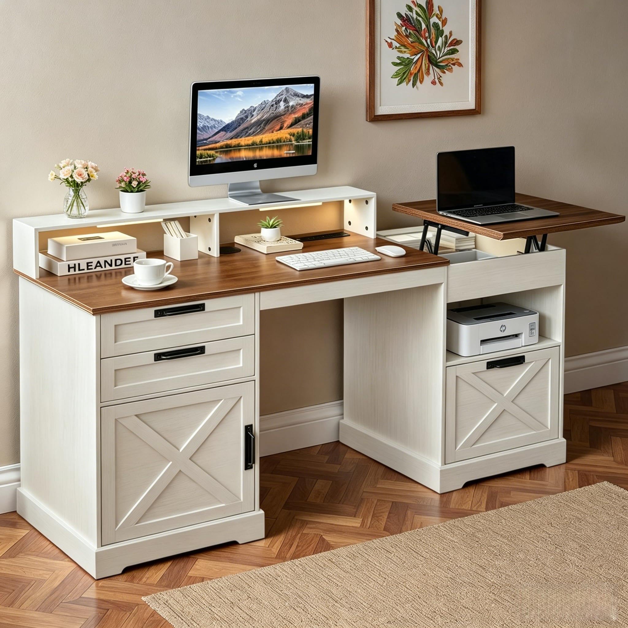 JanflyHome Executive Desk with Lift Top, 63" Computer Desk with Sensor Lights, Charging Station, File Drawers & Farmhouse Design for Home Office (White)
