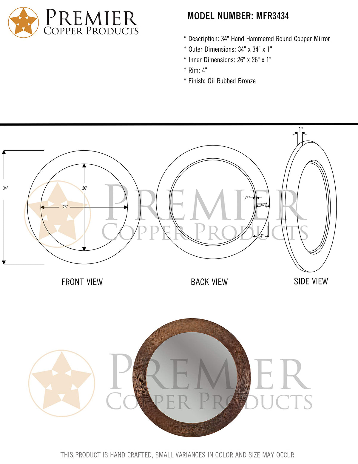 Premier Copper Products MFR3434 34-Inch Hand Hammered Round Copper Mirror