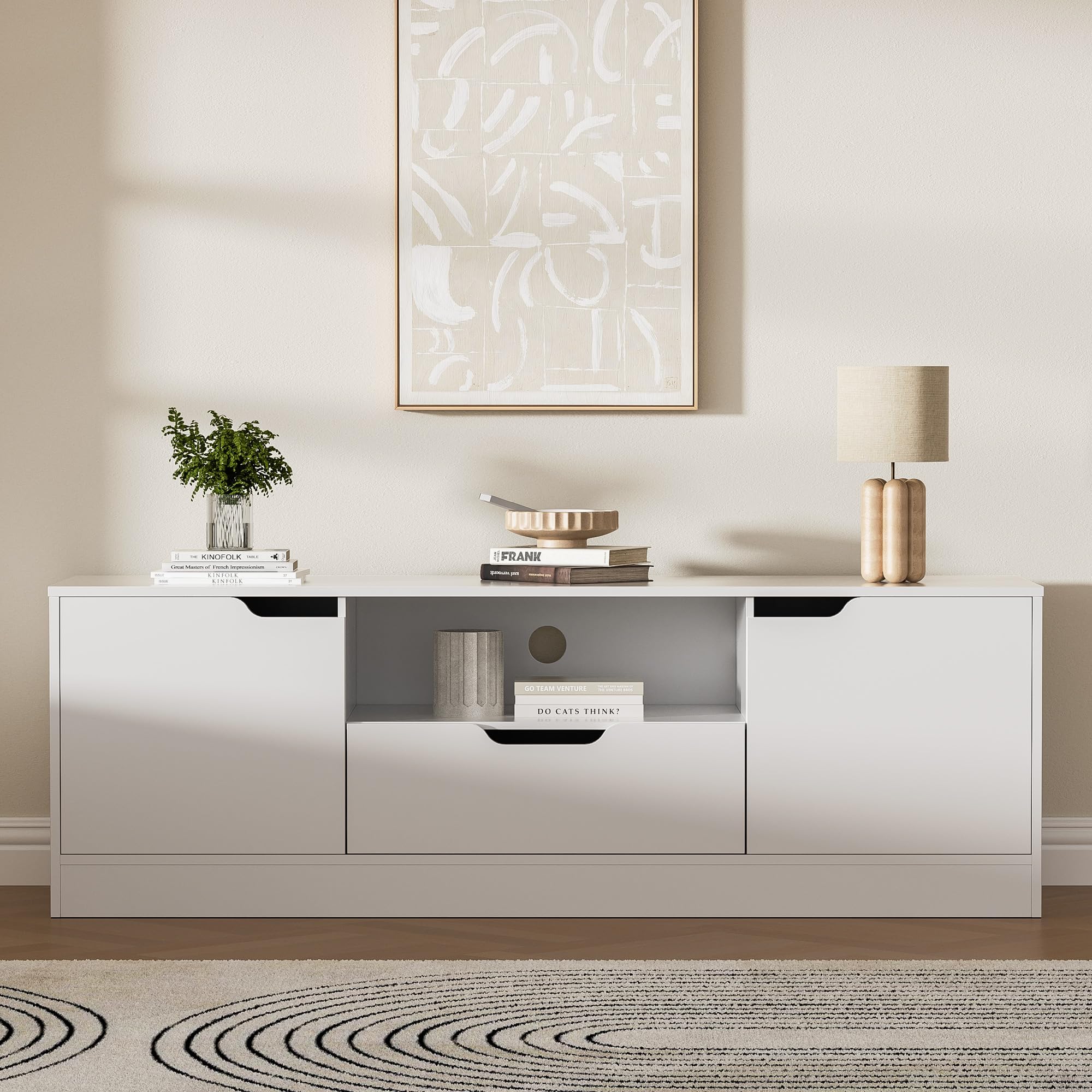 Housoul TV Stand for 55/60/65 Inch TV, Entertainment Center with 2 Doors & Drawer, Media TV Console Table with Storage Cabinet for Living Room, Bedroom, White