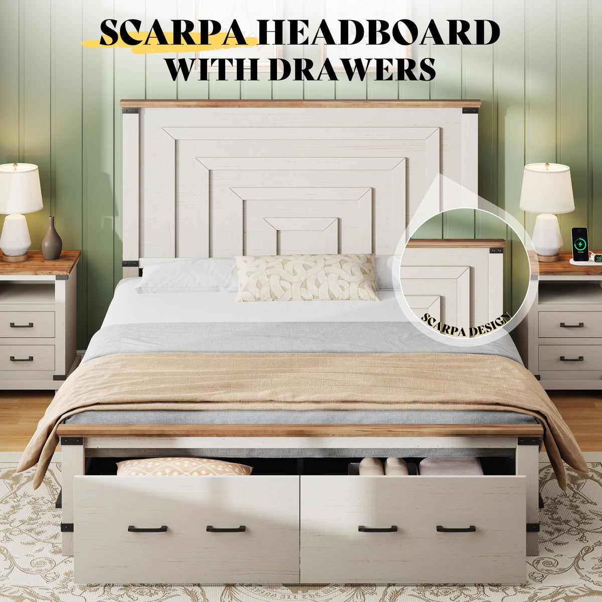AMERLIFE 3-Piece Modern Fluted Queen Bedroom Furniture Set, Rustic White