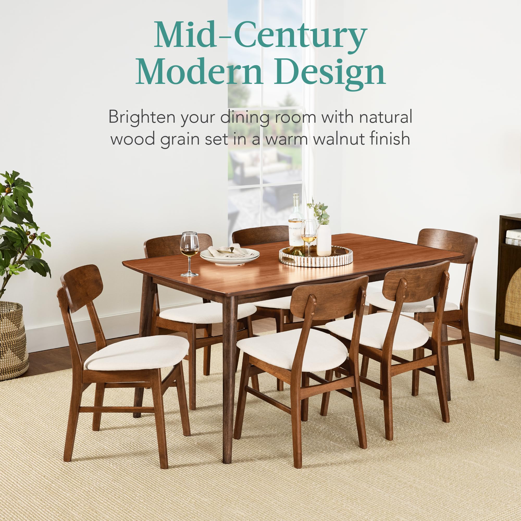 7-Piece Mid-Century Modern Dining Set with 6 Upholstered Chairs