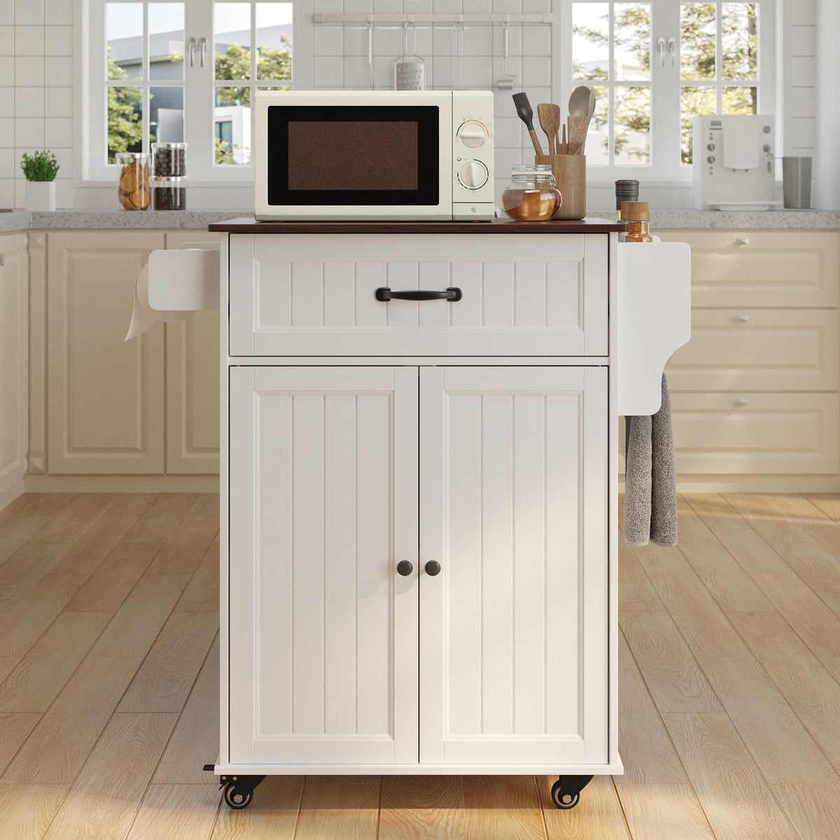 Gizoon 33"W White Kitchen Island Cart with Adjustable Shelf, Retro Tabletop