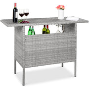 Outdoor Wicker Bar Counter Table with Steel Shelves and Wine Glass Racks