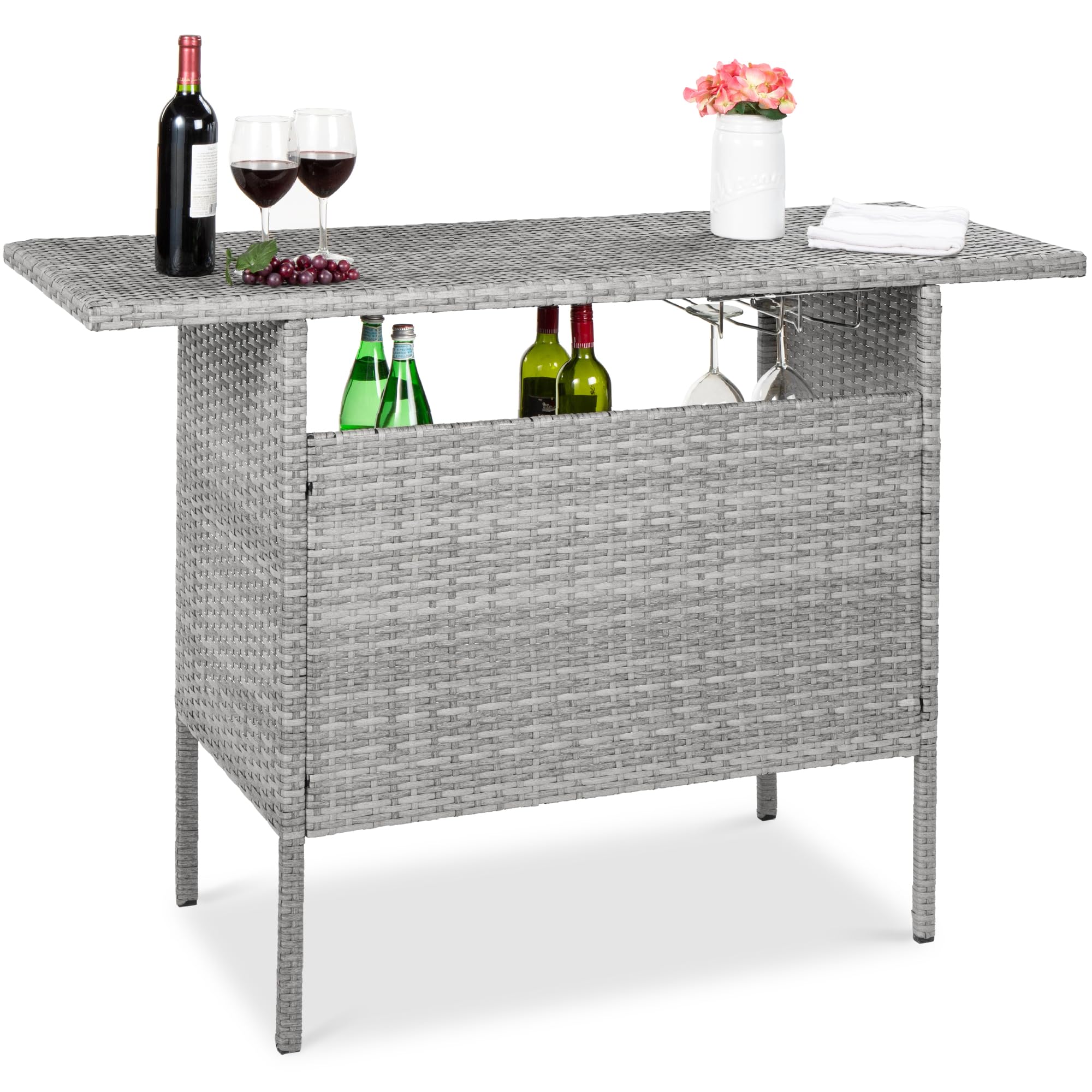 Best Choice Products Outdoor Patio Wicker Bar Counter Table Backyard Furniture w/ 2 Steel Shelves and 2 Sets of Rails - Gray