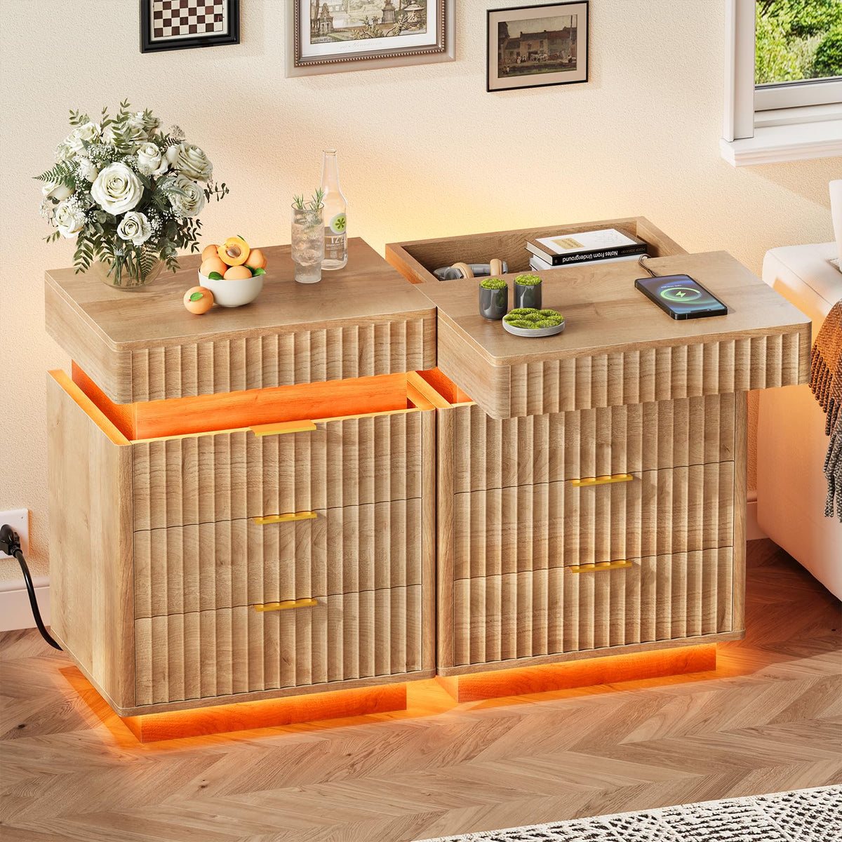 Fluted LED Nightstand with Charging Station