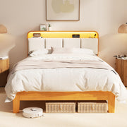 Queen Size Wood Upholstered Platform Bed Frame w/ USB Ports & LED Lights