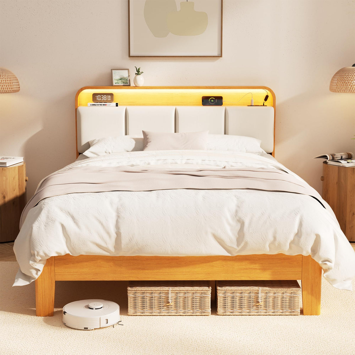 Queen Size Wood Upholstered Platform Bed Frame w/ USB Ports & LED Lights