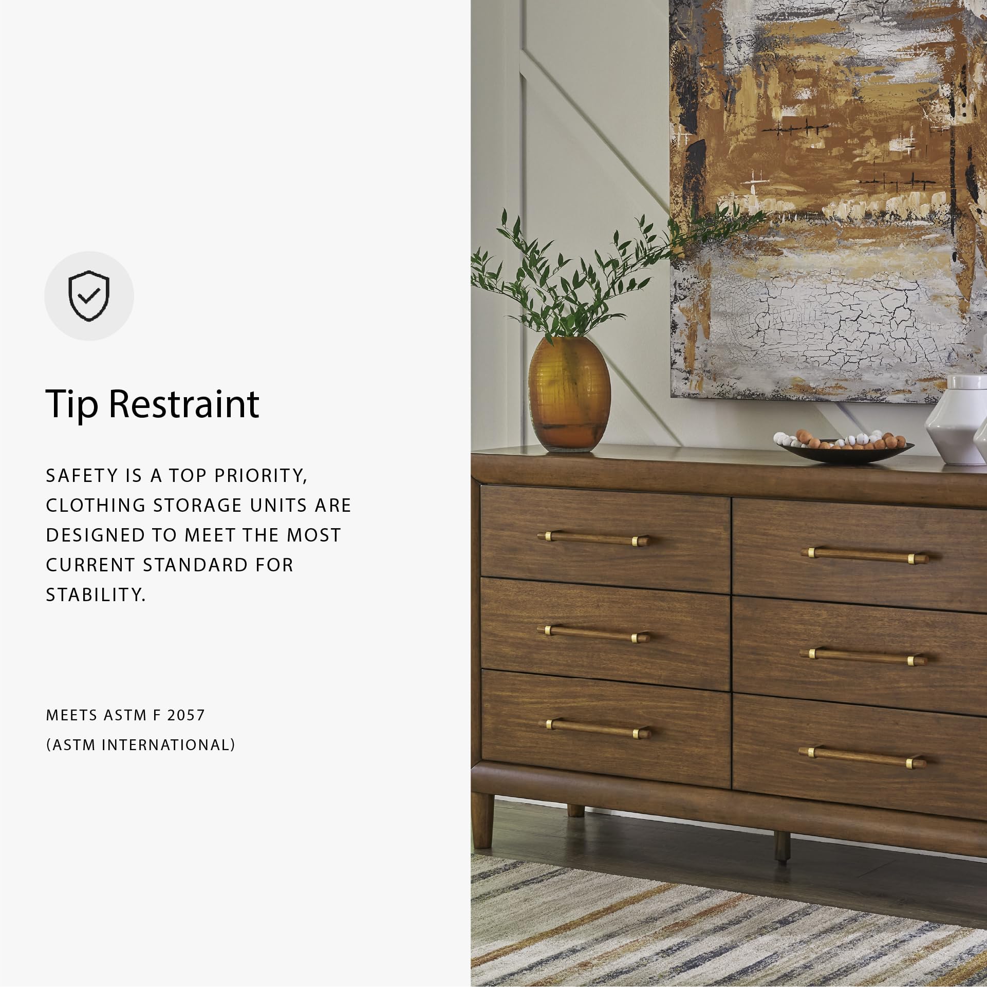 Signature Design by Ashley Lyncott Six-Drawer Dresser, Felt Lined Top Drawers, Round Tapered Legs, Hardwood Solids, 61.25' W x 17.88' D x 37.5' H, Brown