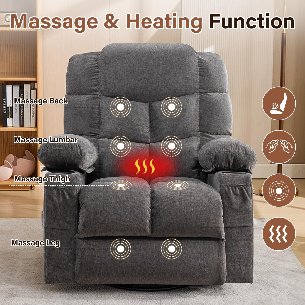 Oversized Swivel Rocker Recliner Chair with Massage and Heat for Adults
