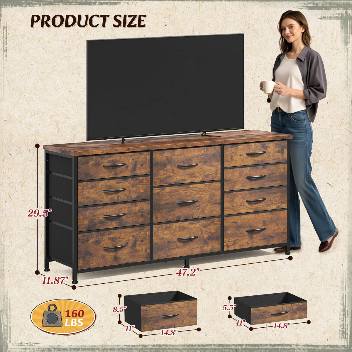 Romorgniz 47.2"W Long Dresser with 11 Fabric Drawers, TV Stand & Wooden Top