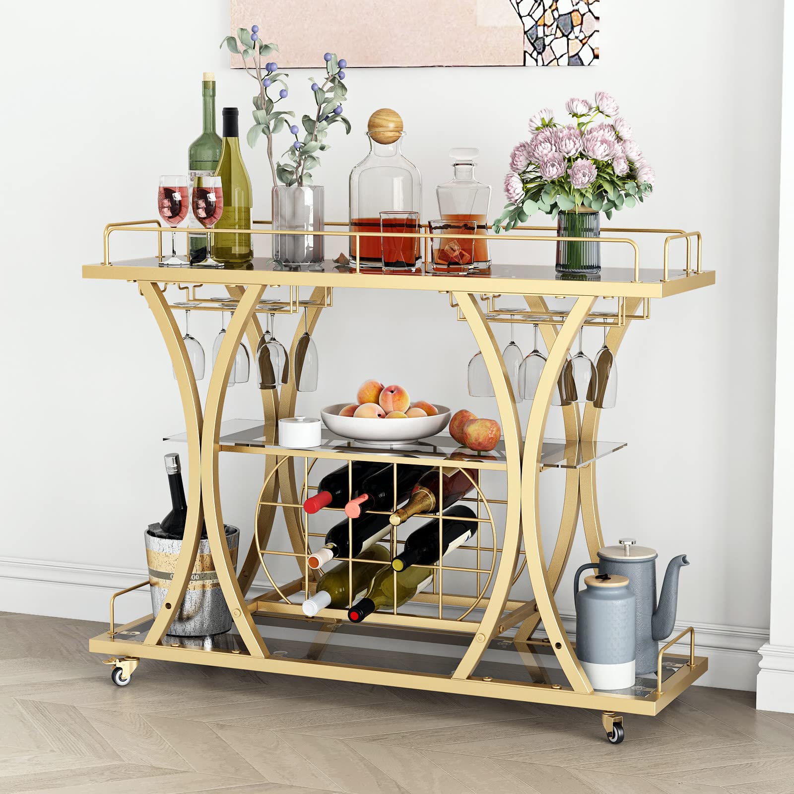 3-Tier Rolling Bar Cart with Glass Shelves