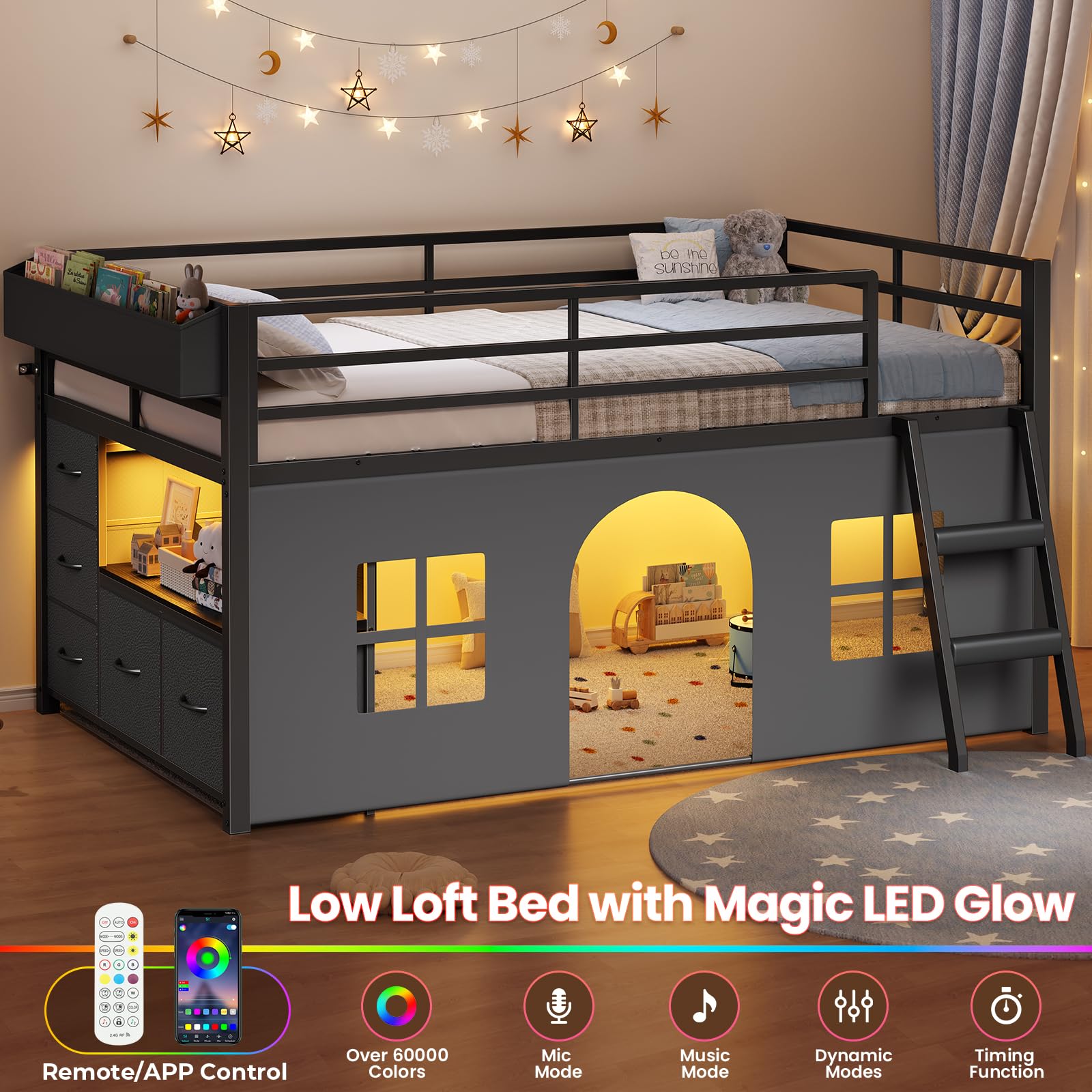 Kids Low Loft Bed with Tent, Storage & LED Lights