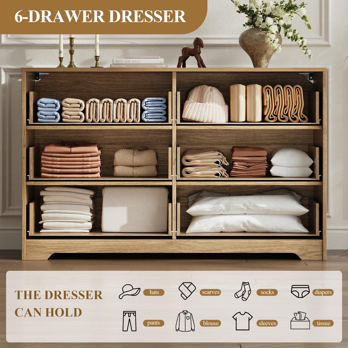 MALOL 55" Wide Coastline Fluted 6 Drawers Dresser for Bedroom,Walnut