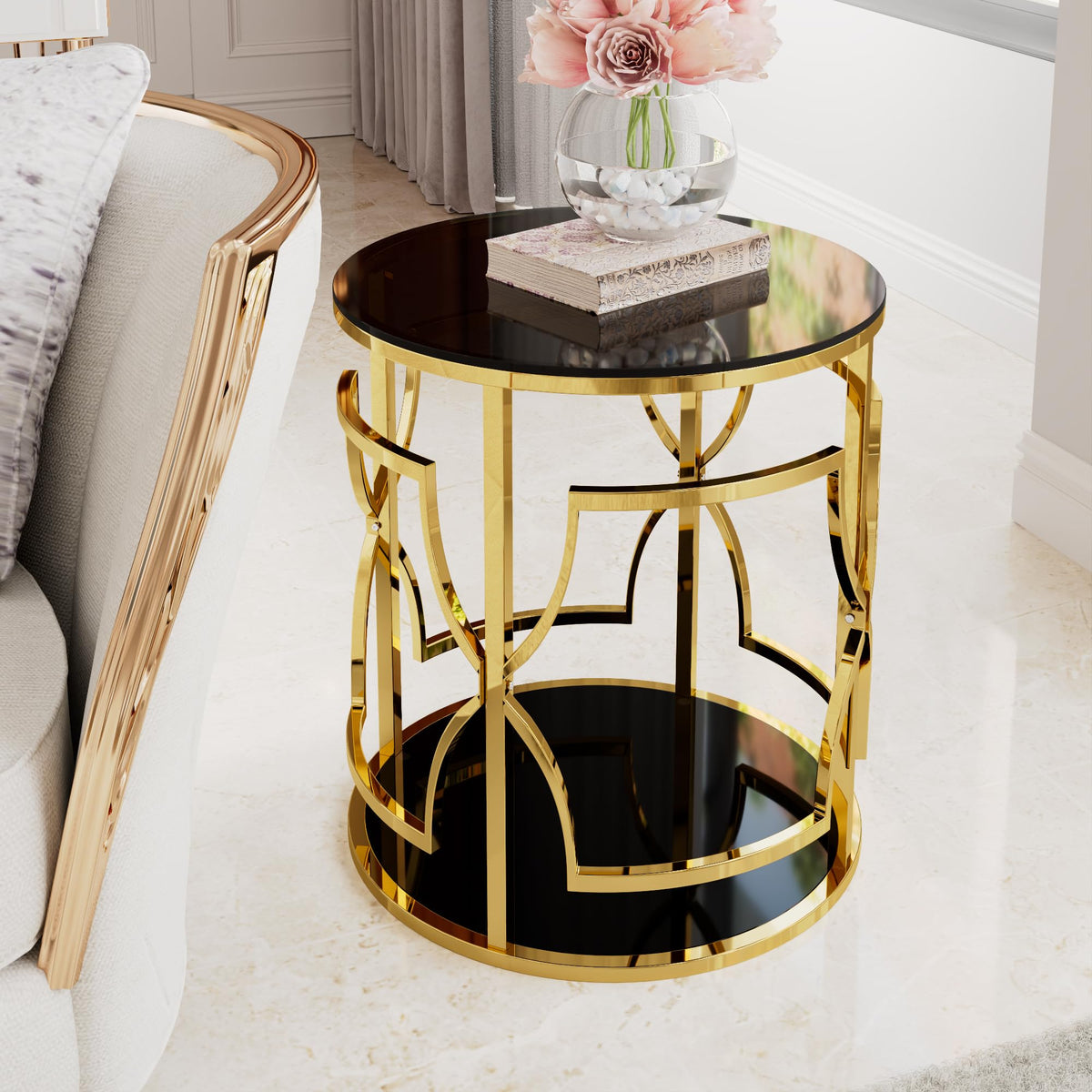 Glass Side Table with Gold Frame