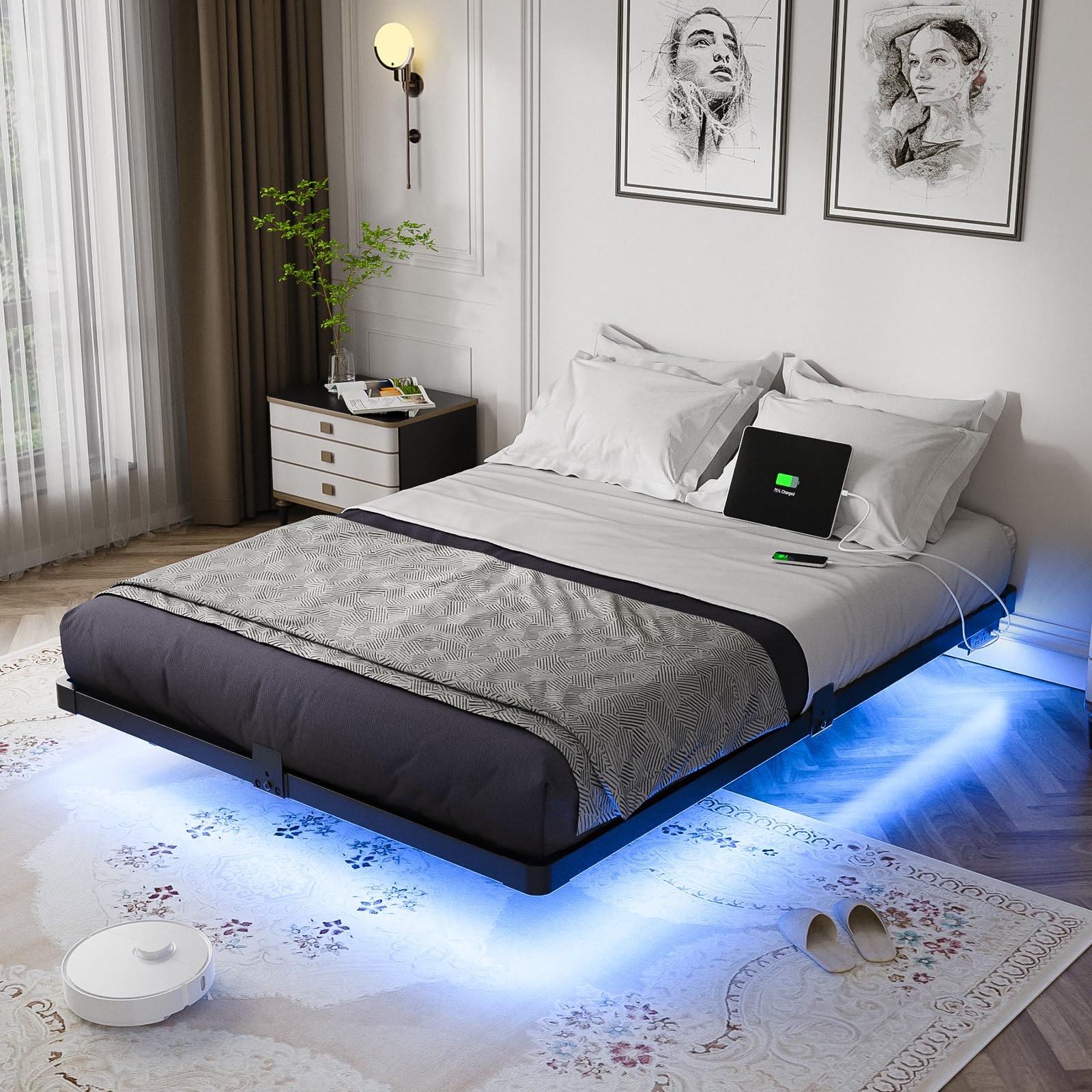 Floating Metal Platform Bed Frame with LED Lights & Charging Station