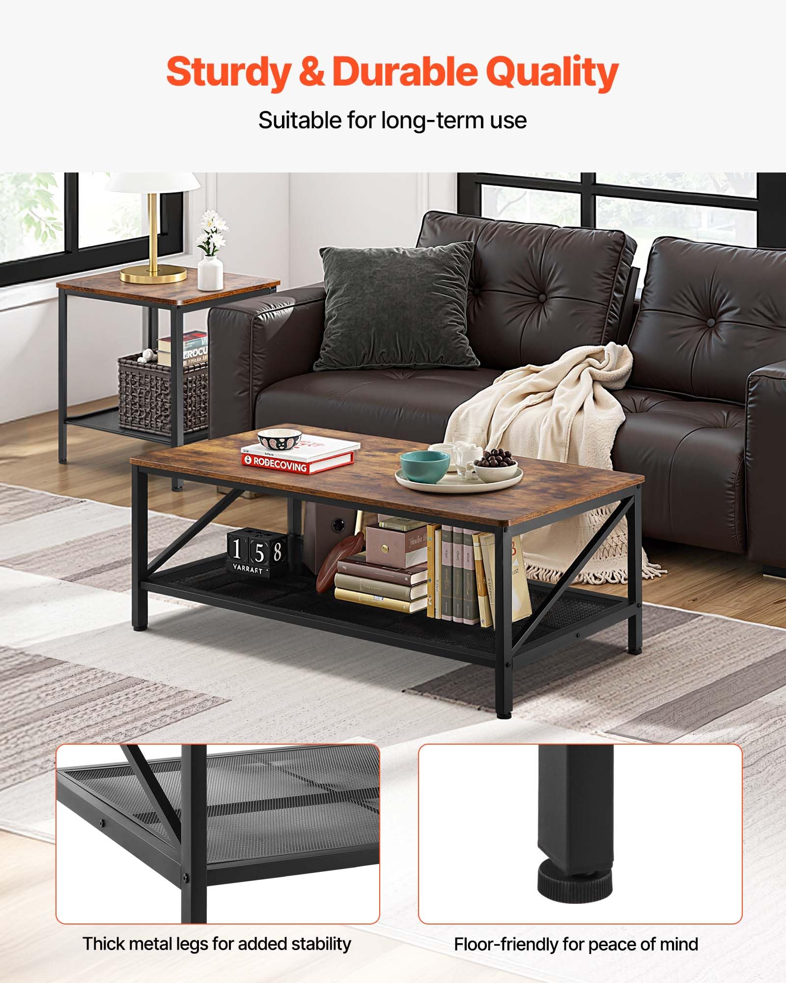 3-Piece Living Room Coffee & End Table Set with Metal Legs
