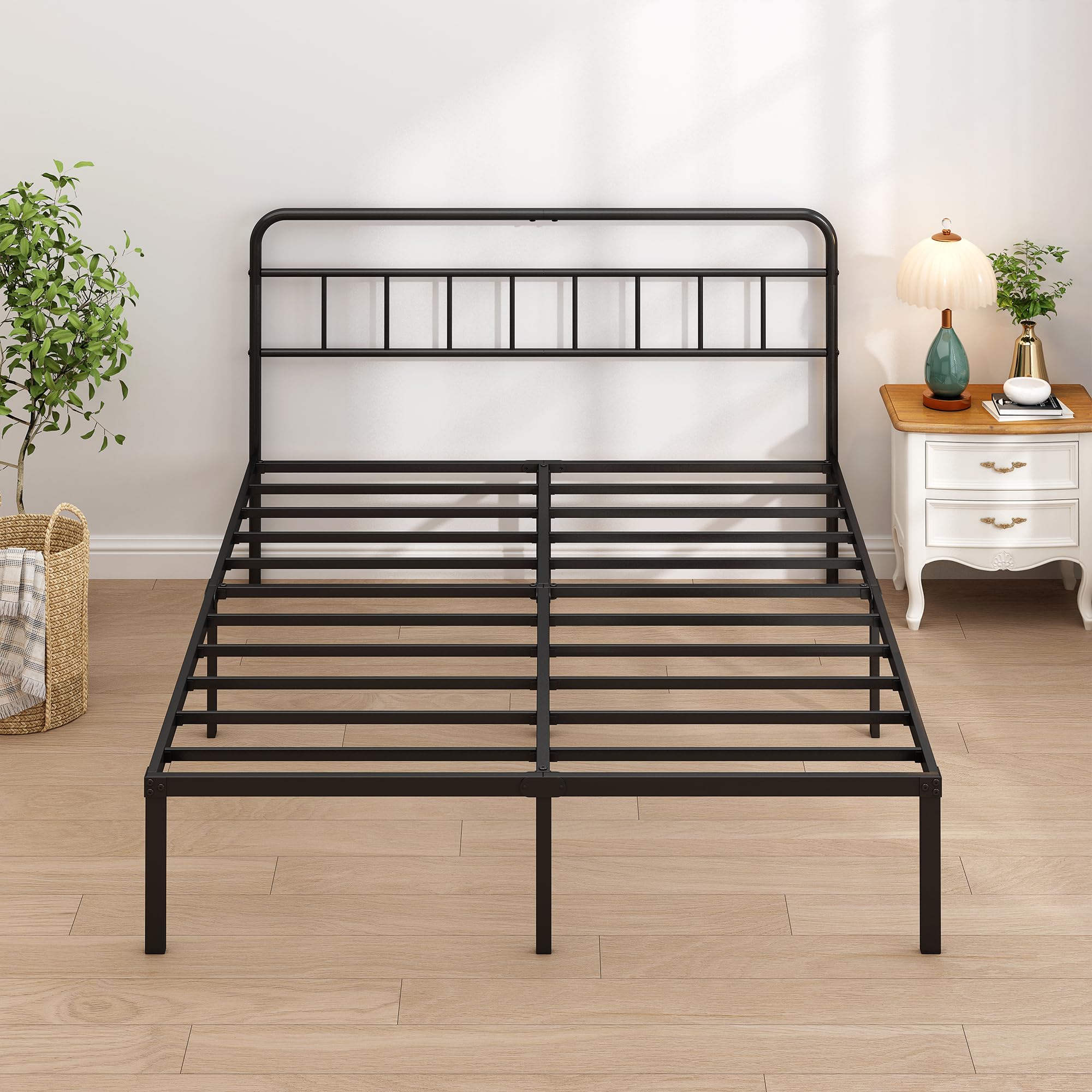 Metal Platform Bed Frame with Headboard & Under-Bed Storage