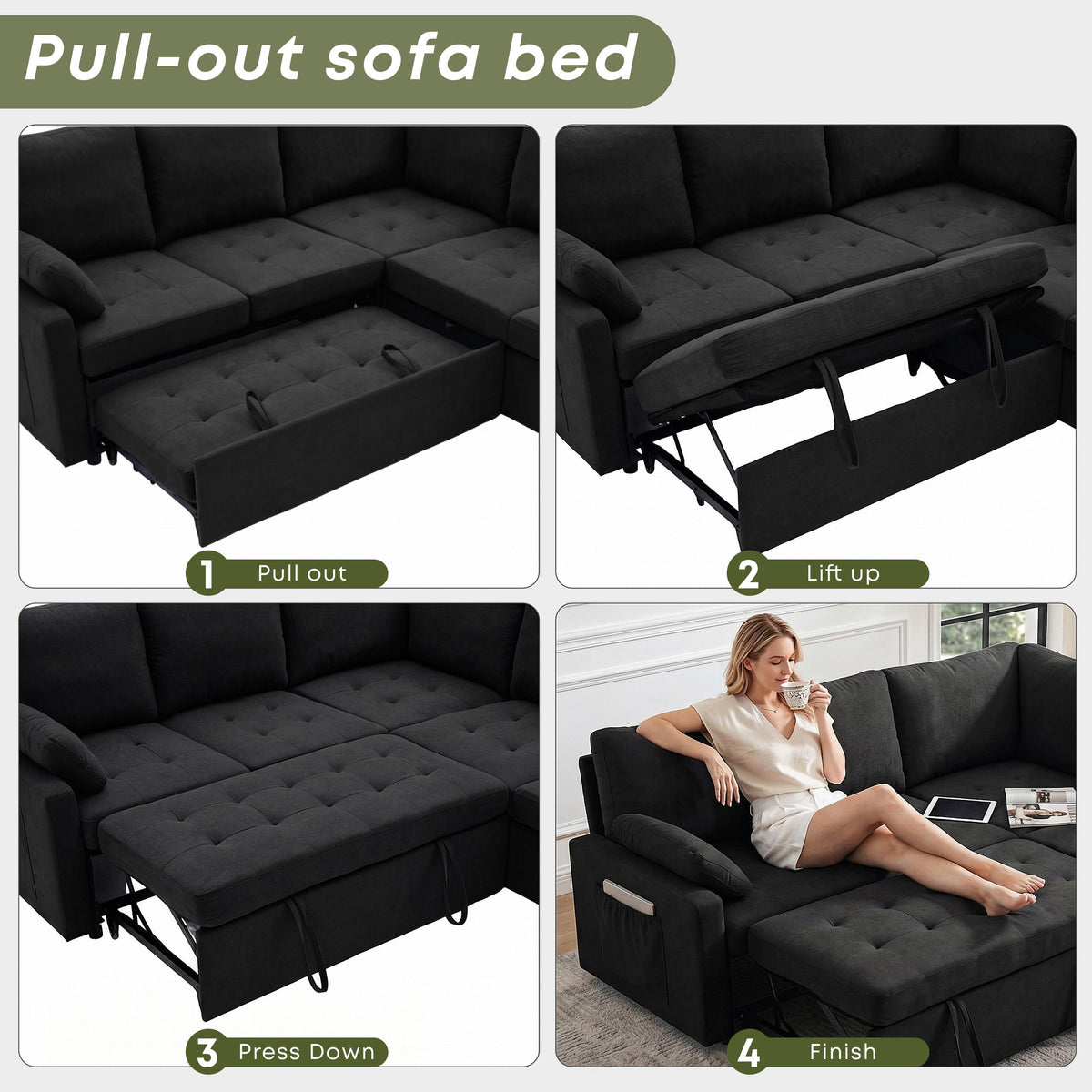 Huatean Home 82" Pull Out Couch with Storage, Sleeper Sofa, 5 Seat L Shaped Sectional Couches for Living Room, Modular Sectional Couch with Removable Covers, Black