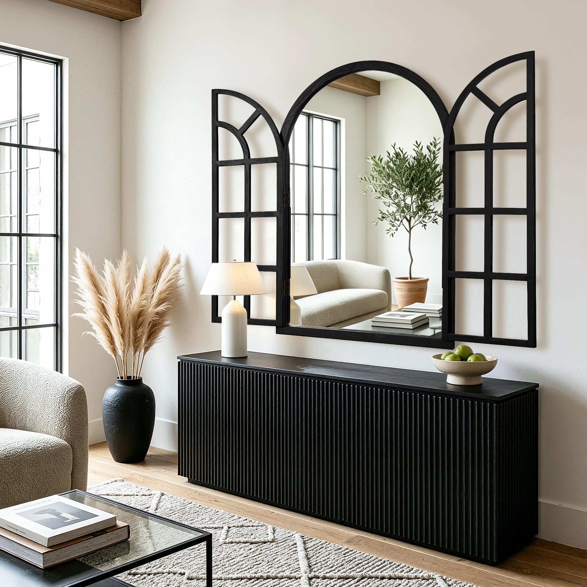 FICTOR Arched Wall Mirror with Openable Window, 28" x 40" Rustic Farmhouse Wood Framed Decorative Accent Mirror for Living Room, Bedroom, Entryway, Hallway, Fireplace, Black