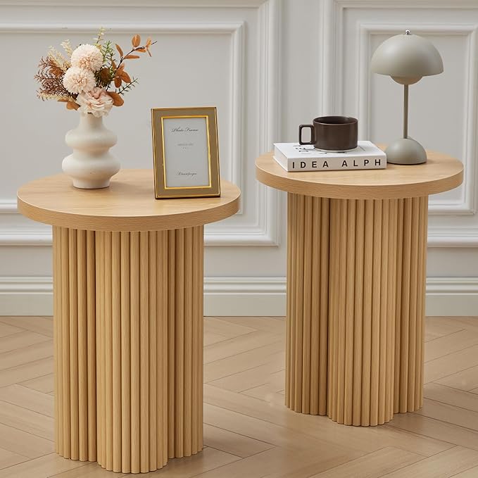 Round Fluted End Table Farmhouse Nightstand Side Table
