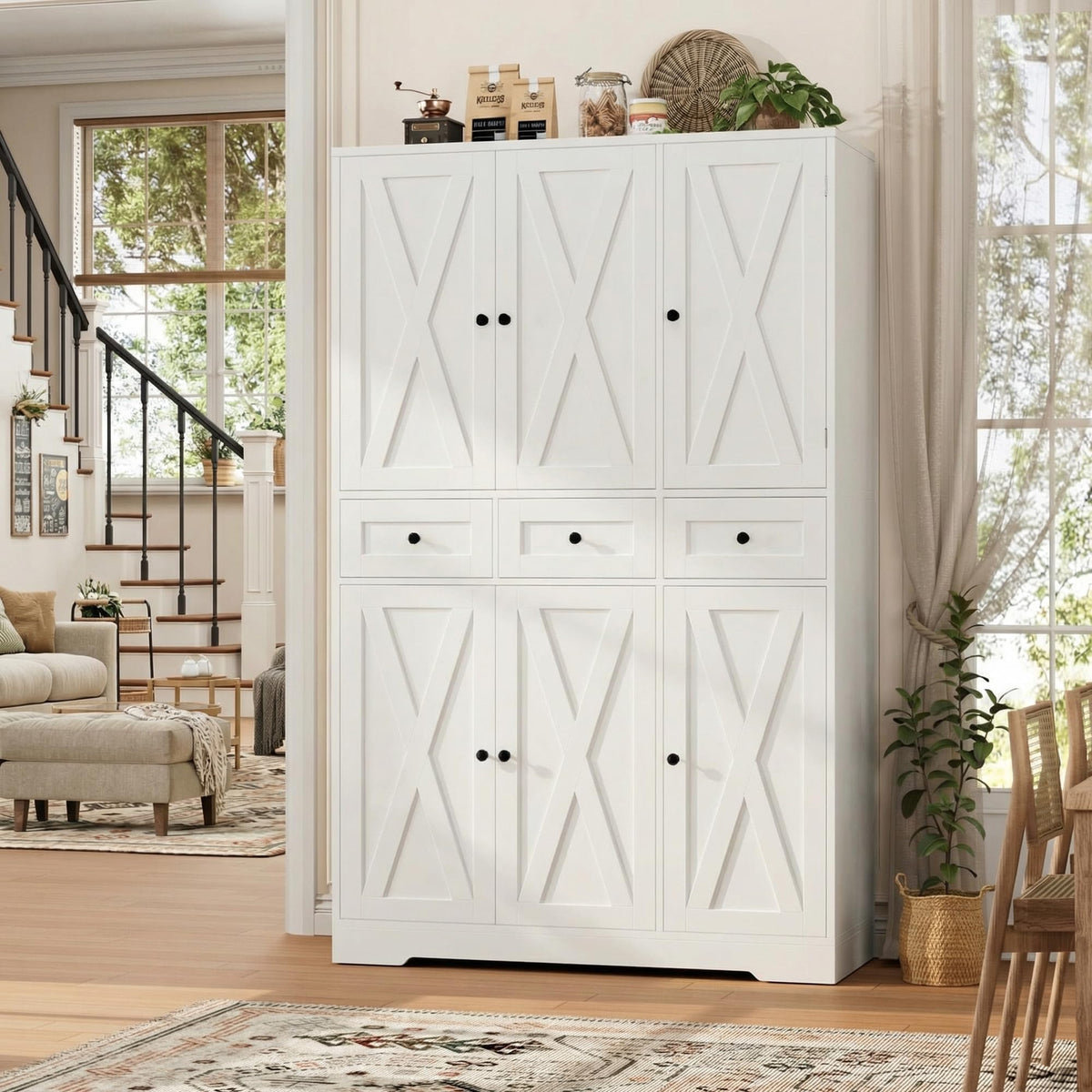 HOSTACK 67"H Farmhouse Kitchen Pantry Storage Cabinet with 3 Drawers, White