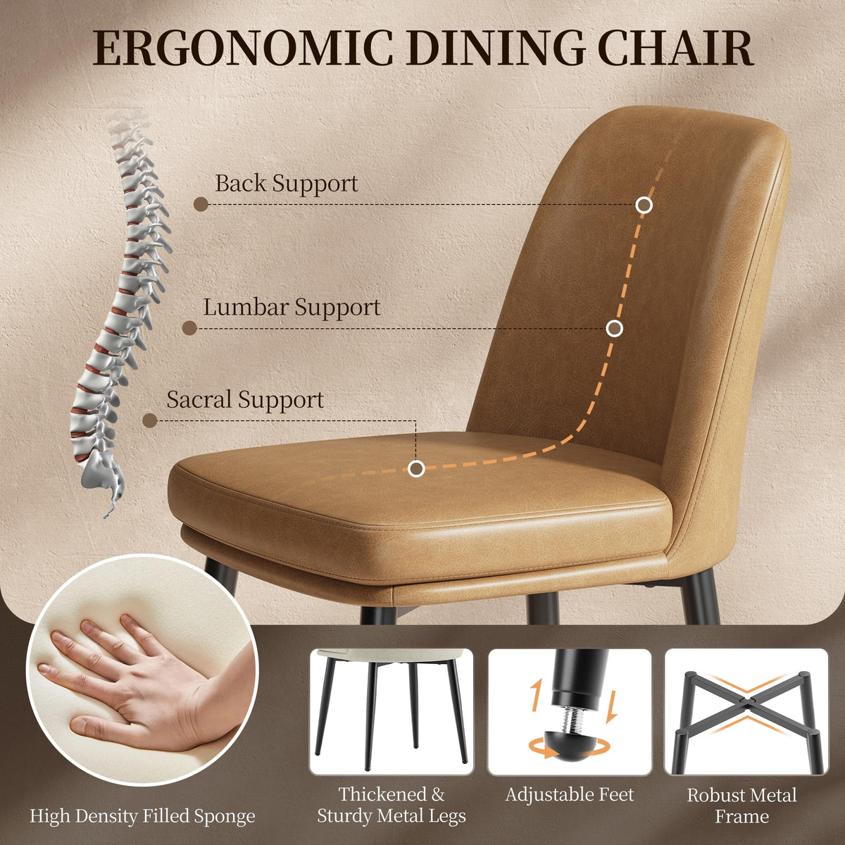 MALOL Leather Dining Chairs Set of 4 with Curved Backrest, Brown