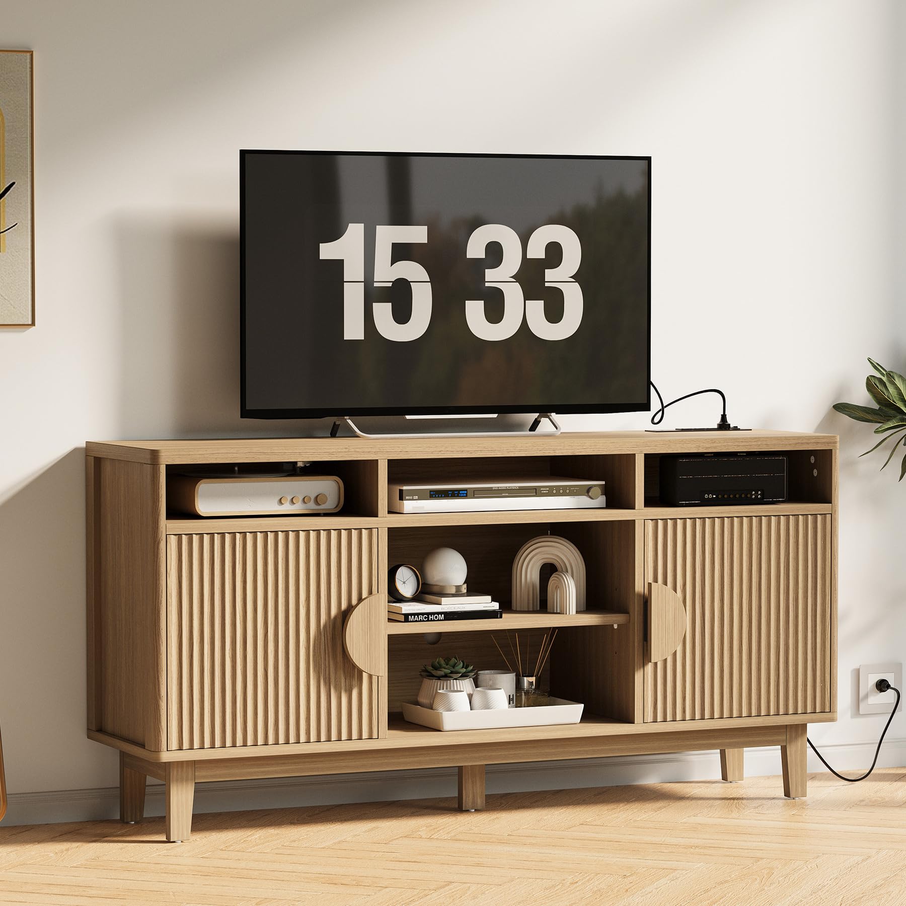 TV Stand for 65" TV with Charging Station & Fluted Doors, 59"