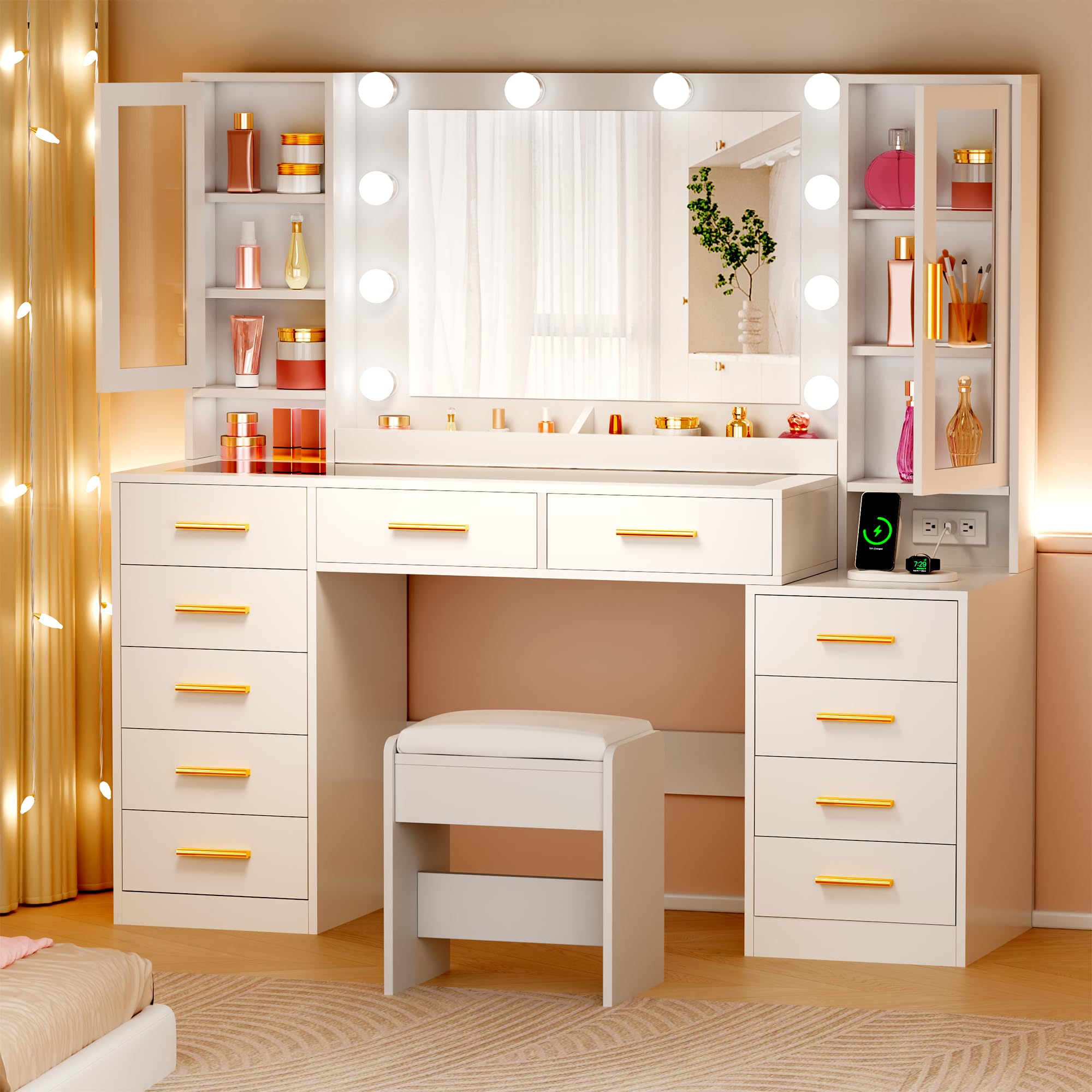 YUNSCEND 53.15" Large Vanity Desk with Mirror and Lights,White Makeup Vanity with Glass Top Power Outlet Vanity Table with 11 Drawers 6 Shelves Dressing Table Stool Set for Bedroom Women UXFST008W