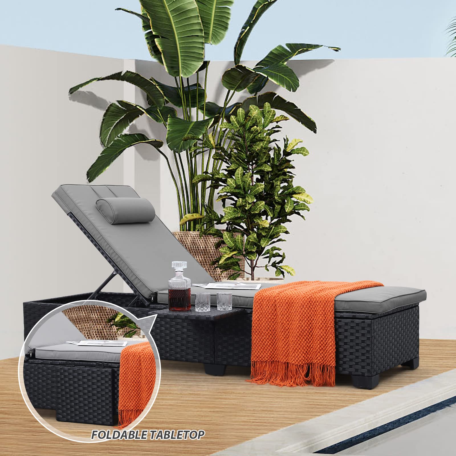 Outdoor Wicker Chaise Lounge Set of 2 with Cushions & Side Shelf