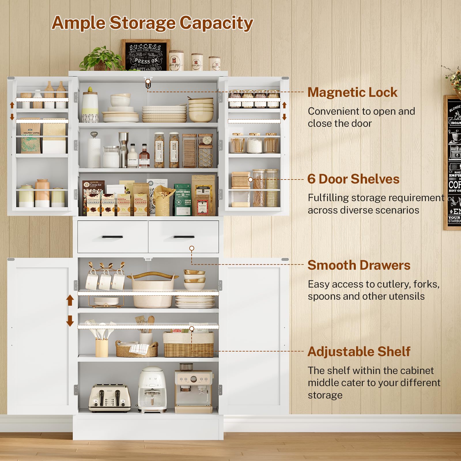 TEENFON Farmhouse Pantry Cabinet, 66.9″H Tall Kitchen Storage Cabinet with Barn Doors, Adjustable Shelves & Drawer, Freestanding Cupboard for Kitchen, Dining Room, Living Room, Bathroom, White