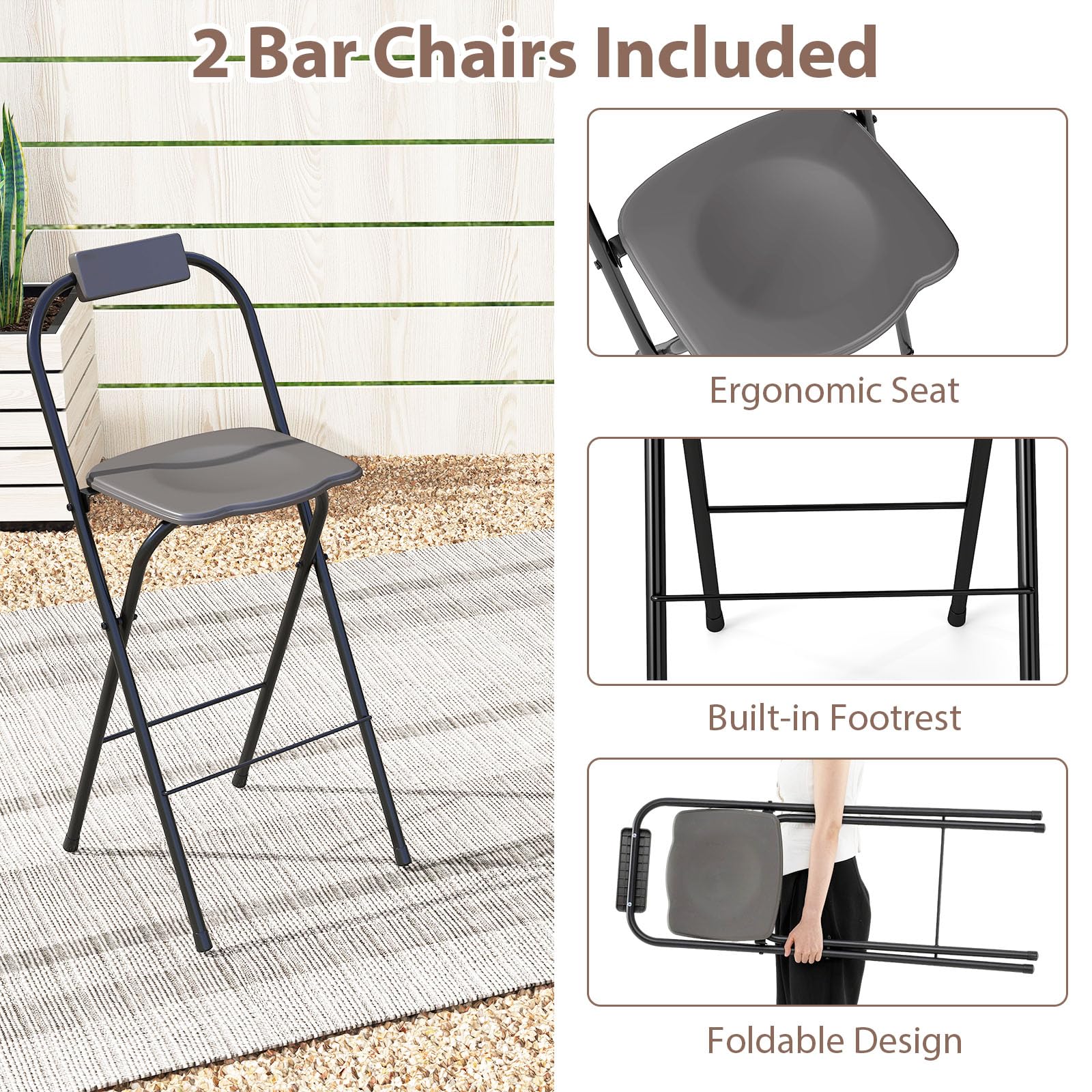 Tangkula 3 Piece Patio Bar Set, Grill Gazebo & 2 Foldable Bar Stools with Awning, Metal Storage Shelves, Glass Holders, Double-Tier Outdoor Shelter for Patio Poolside Garden Backyard (Gray)
