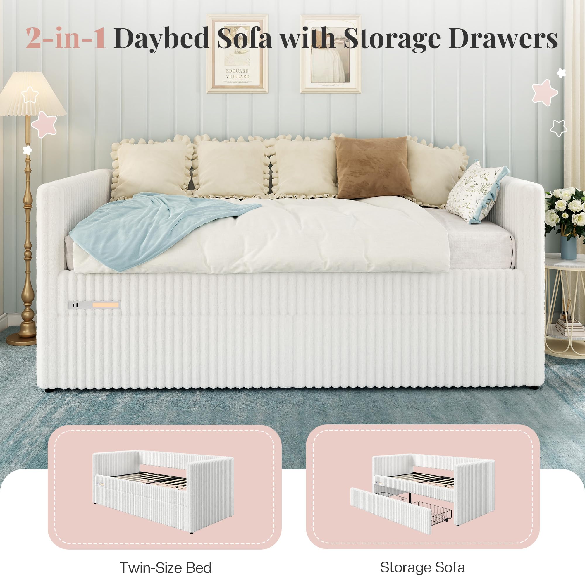 Twin Corduroy Daybed with Storage & Charging