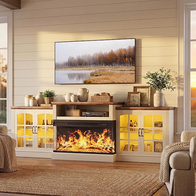 97" Farmhouse Fireplace TV Stand with 36" 3-Sided Glass Electric Fireplace