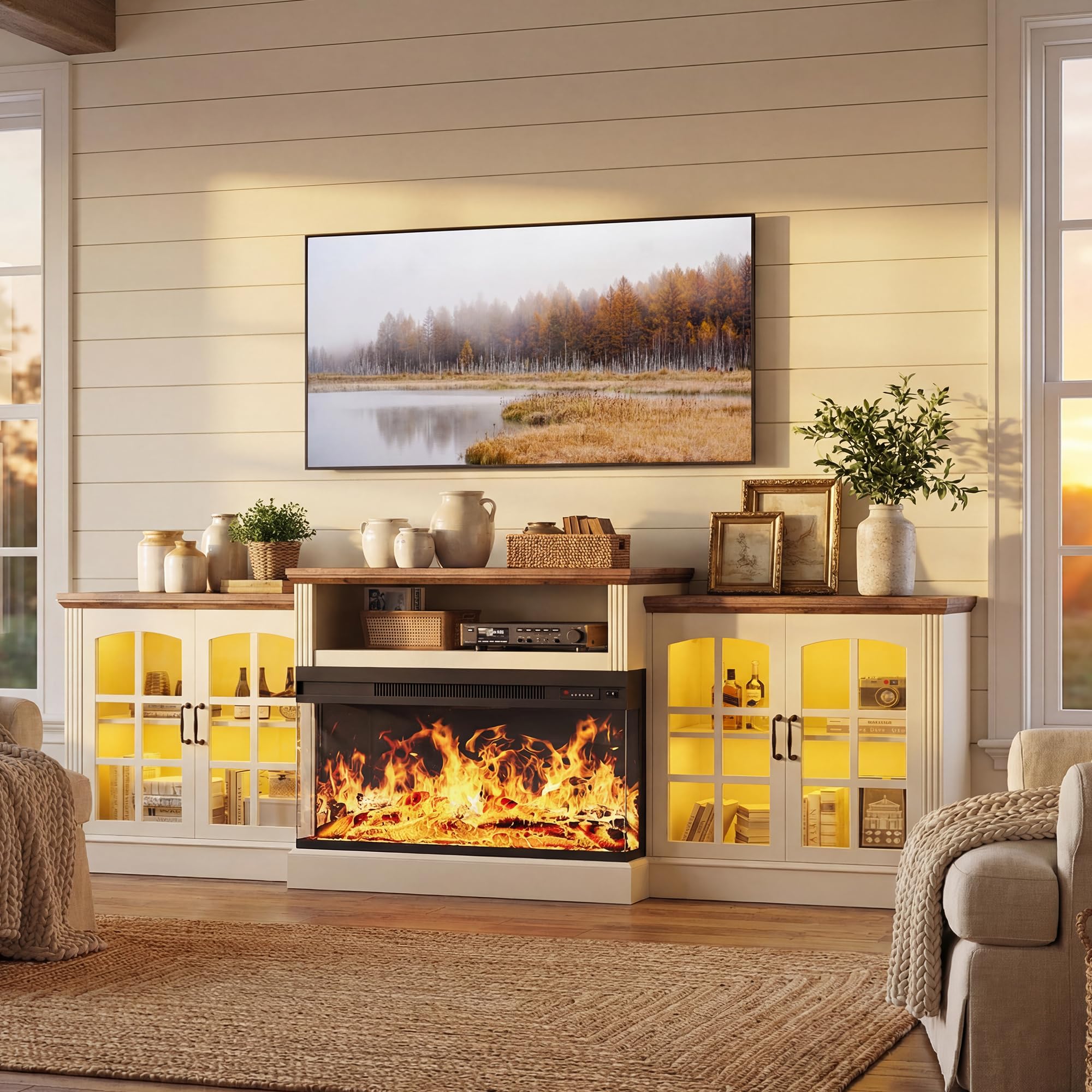 97" Farmhouse Fireplace TV Stand with 36" 3-Sided Electric Fireplace