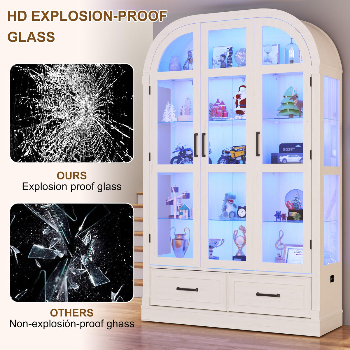 74" Arched Display Cabinet with Glass Doors and Drawers,Motion Sensor 3-Color Lights,Glass Curio Cabinet,5-Tier Showcase for Collectibles,Action Figures,Living Room,Trophy,Books(Antique White)